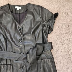 Morgan Taylor Women Black Short Sleeve Faux Leather Knee Length Shirt Dress Sz L